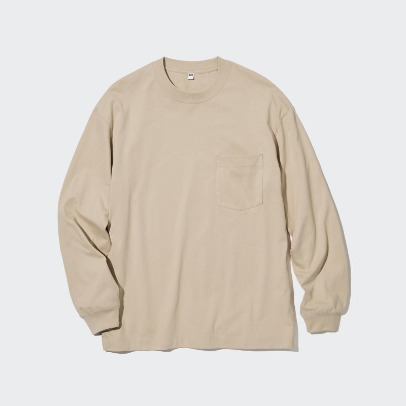 T Shirts Uniqlo Washed Cotton Crew Neck Long-sleeve Homme Beige | 2779842