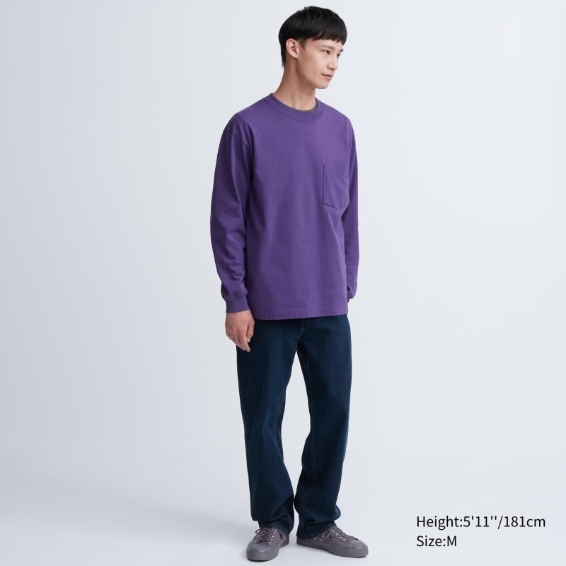 T Shirts Uniqlo Washed Cotton Crew Neck Long-sleeve Homme Violette | 5698682