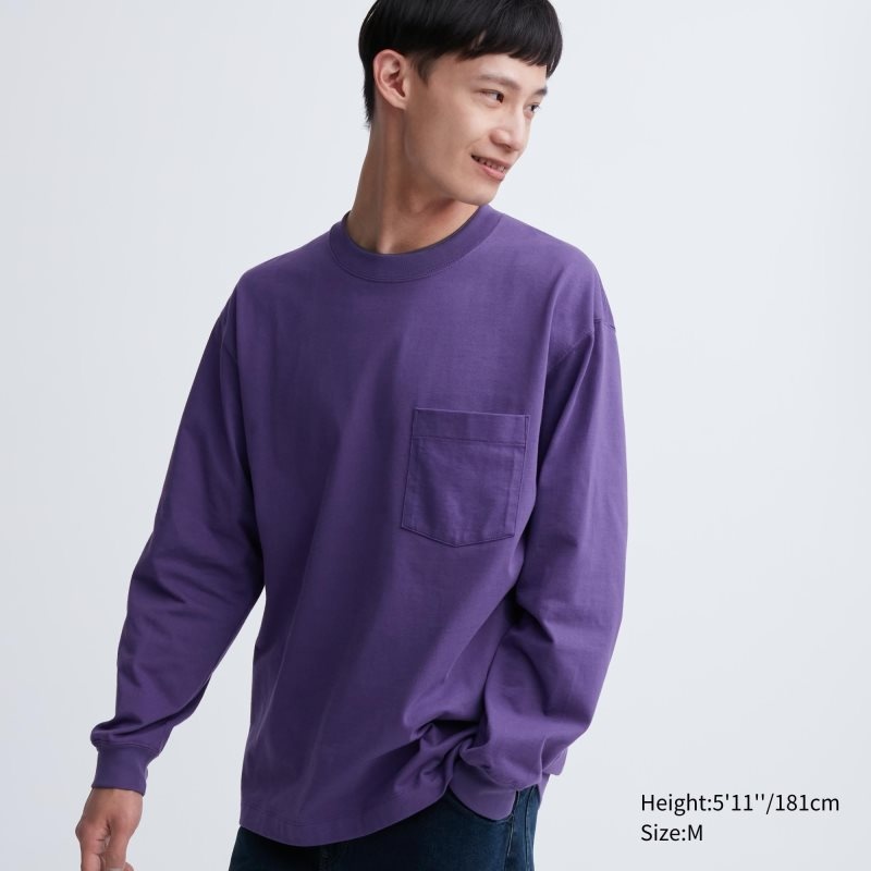 T Shirts Uniqlo Washed Cotton Crew Neck Long-sleeve Homme Violette | 5698682