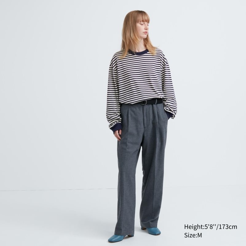 T Shirts Uniqlo Washed Cotton Oversized Crew Neck Long-sleeve Striped Homme Blanche | 9992192