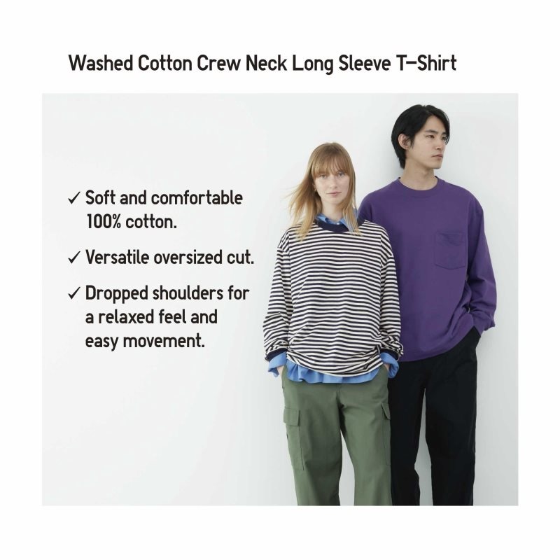 T Shirts Uniqlo Washed Cotton Oversized Crew Neck Long-sleeve Striped Homme Blanche | 9992192