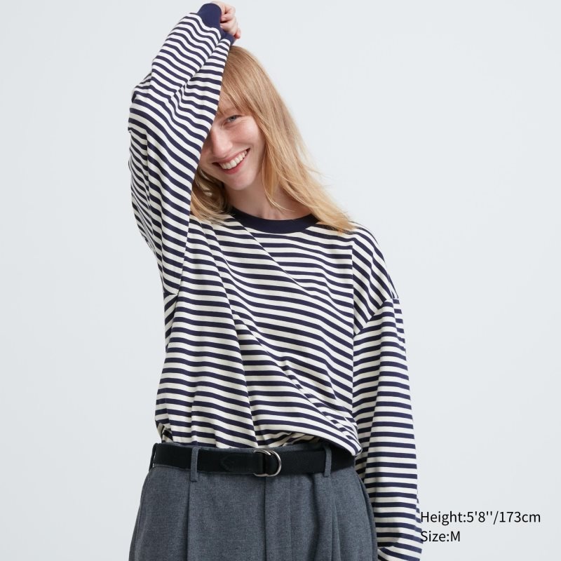 T Shirts Uniqlo Washed Cotton Oversized Crew Neck Long-sleeve Striped Homme Blanche | 9992192