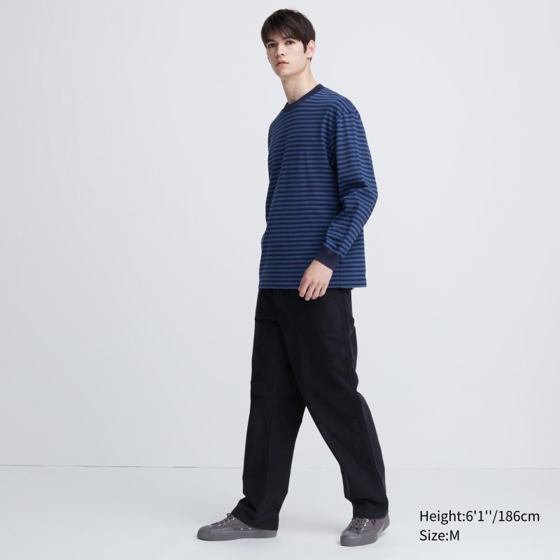 T Shirts Uniqlo Washed Cotton Oversized Crew Neck Long-sleeve Striped Homme Blanche | 9992192