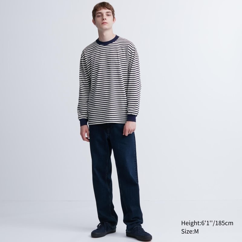 T Shirts Uniqlo Washed Cotton Oversized Crew Neck Long-sleeve Striped Homme Blanche | 9992192