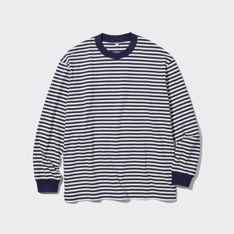 T Shirts Uniqlo Washed Cotton Oversized Crew Neck Long-sleeve Striped Homme Blanche | 9992192