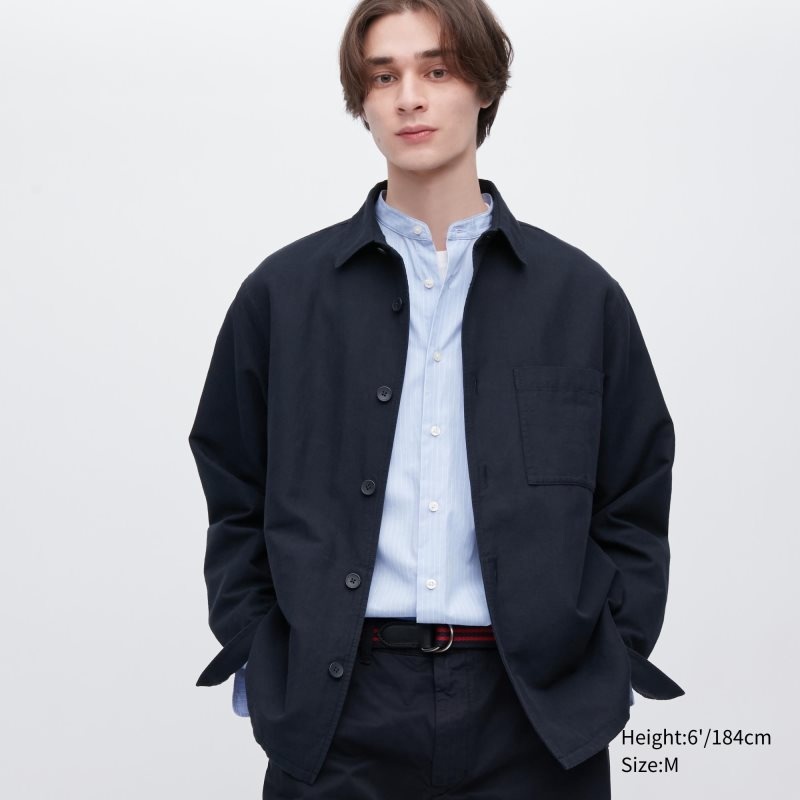 Vestes Uniqlo Cotton Linen Over Shirt Homme Bleu Marine | 1981160