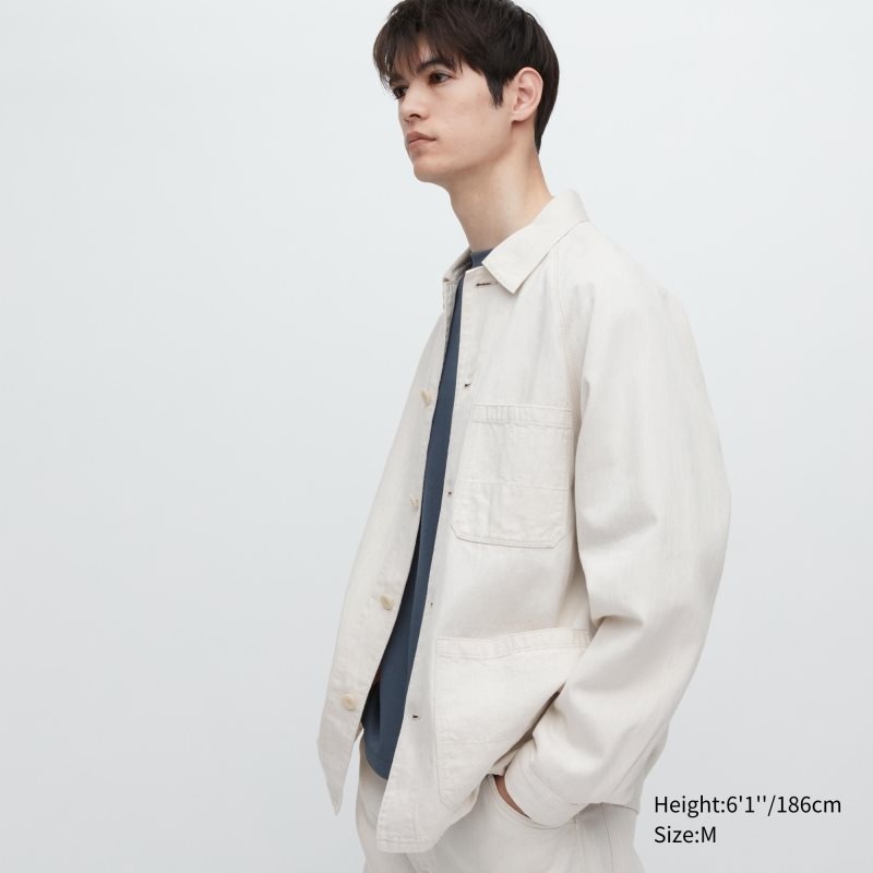 Vestes Uniqlo Utility Denim Cotton Linen Homme Blanche | 7879904